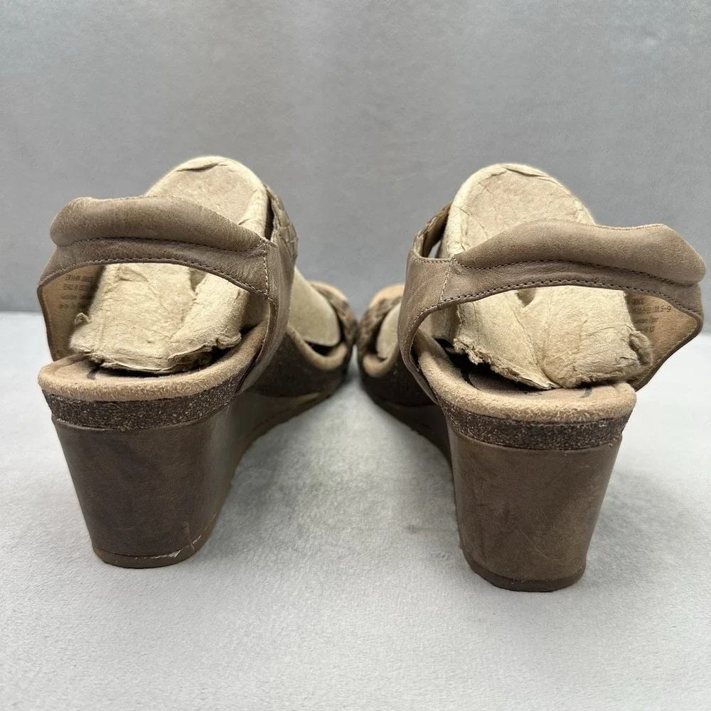 Womens 10.5-11 Aetrex Grace Adjustable Woven Wedge Taupe Leather Braided Sandals